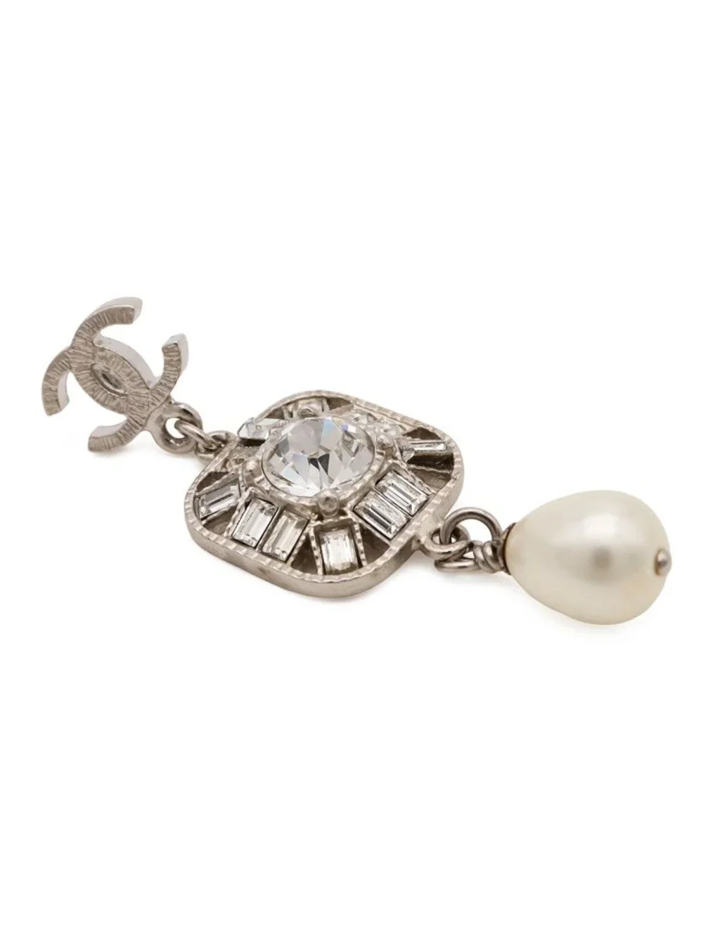 Chanel CC Logo Bijou Pearl Earrings Swing Metal Faux Silver White